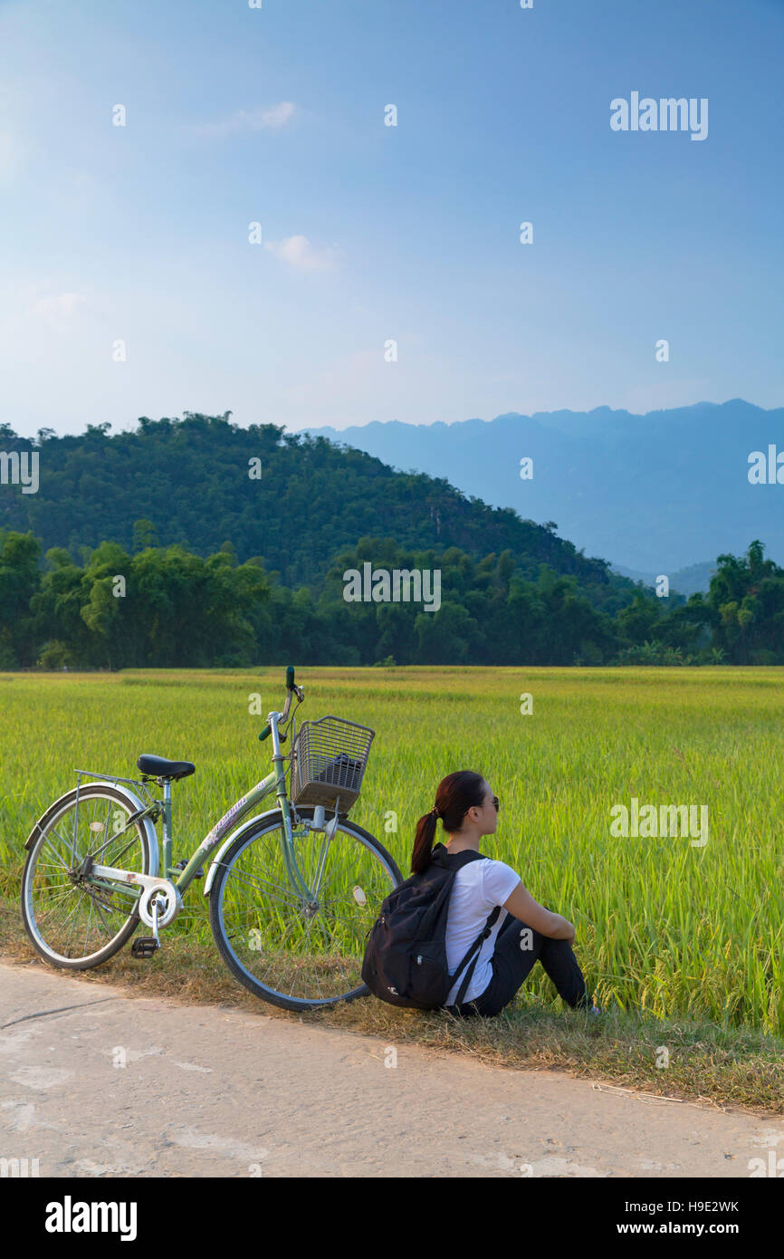Frau mit dem Fahrrad in Reisfeldern, Mai Chau, Hoa Binh Province, Vietnam Stockfoto