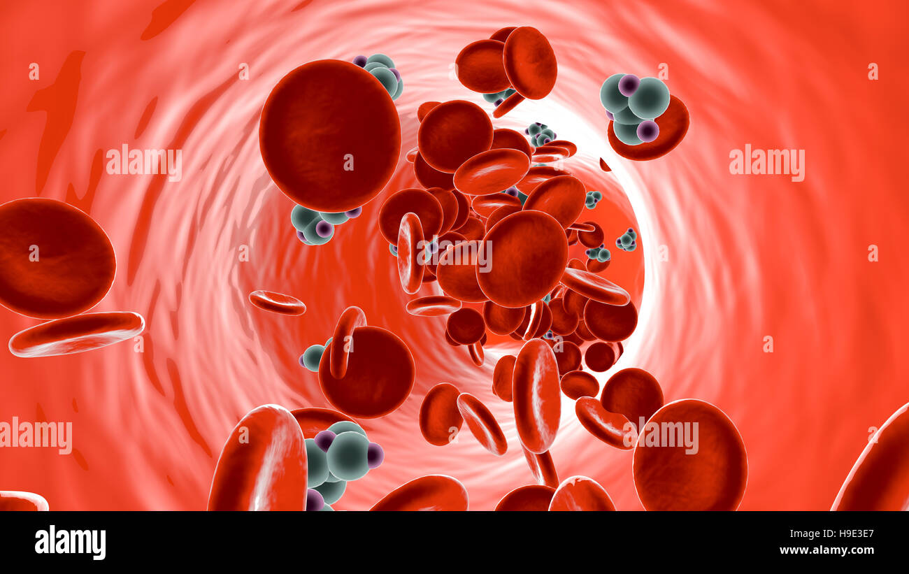 Glukose-Molekülen in einem Blutkreislauf. 3D Illustration. Stockfoto