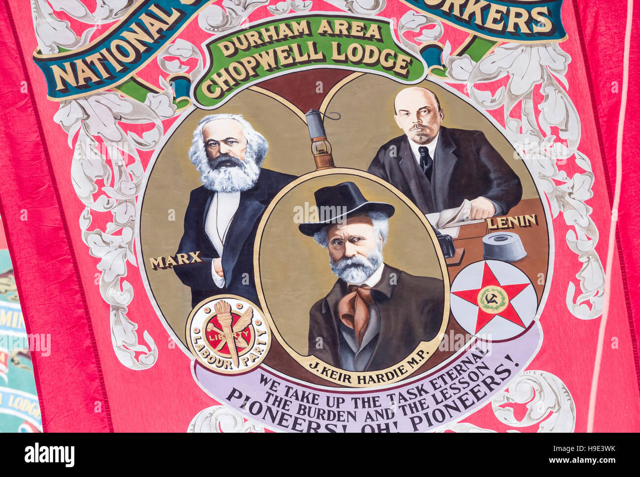 James Keir Hardie, Karl Marx und Lenin auf Banner bei Durham Miner Gala. Durham. England. UK Stockfoto