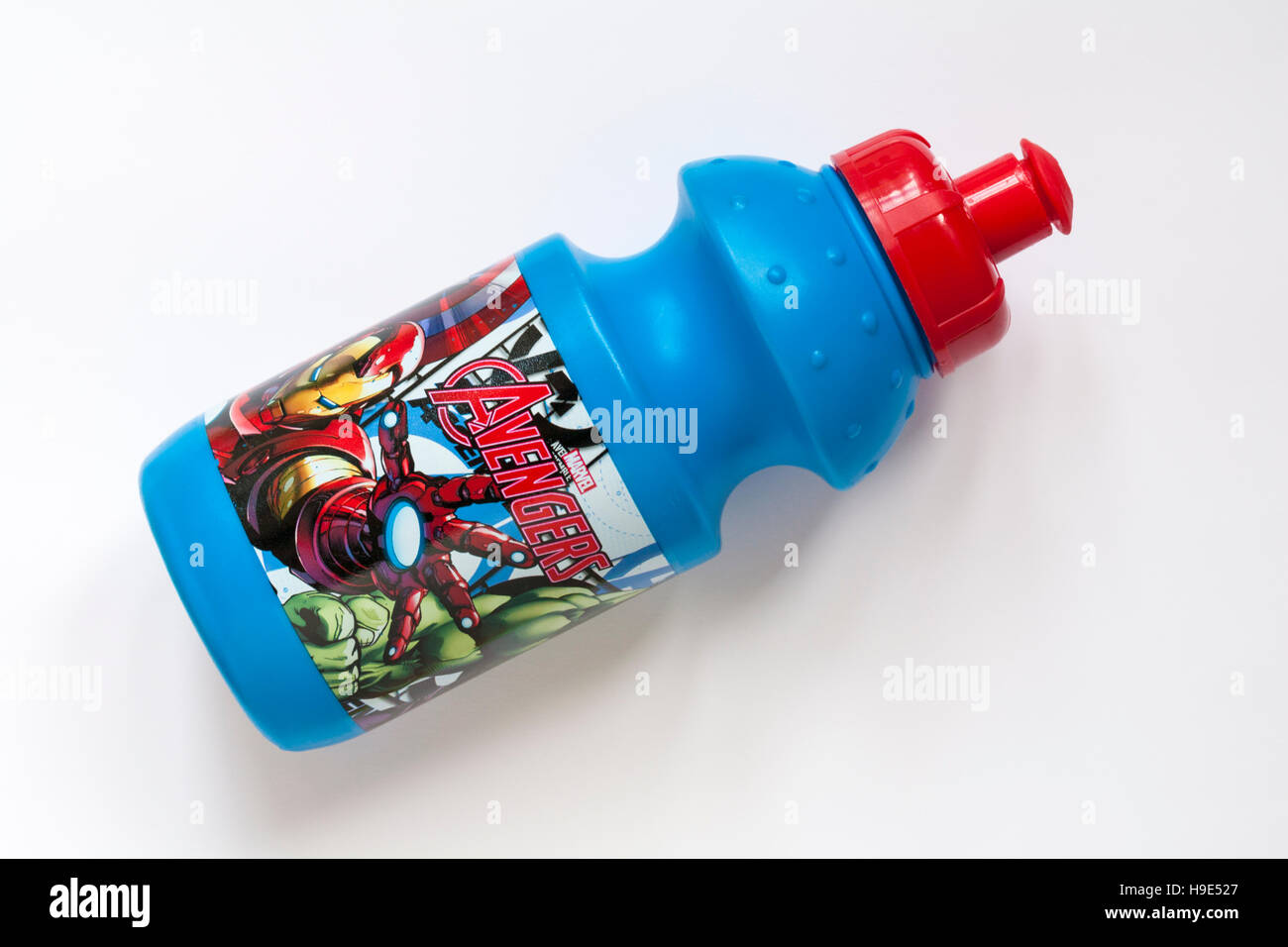 Das Kind Marvel Avengers Trinkflasche auf weißem Hintergrund - Trinkflasche, Trinkflasche Stockfoto