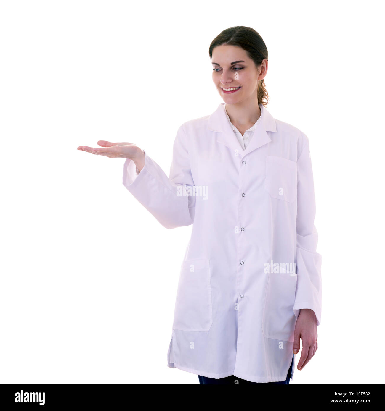 Ärztin Assistentin Wissenschaftler im weißen Kittel über isolierte Hintergrund Stockfoto