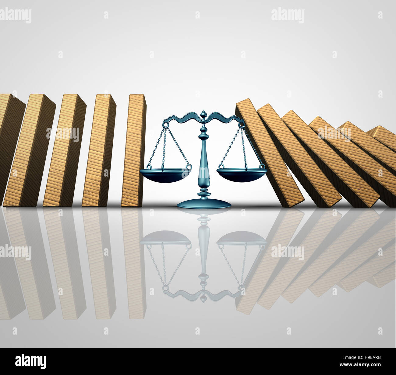 Rechtliche Hilfe und Rechtsanwalt Dienstleistungskonzept als eine Gruppe von fallenden Dominosteine vom Maßstab des Rechts als Recht Hilfe und lösen Probleme Metaph unterstützt werden Stockfoto