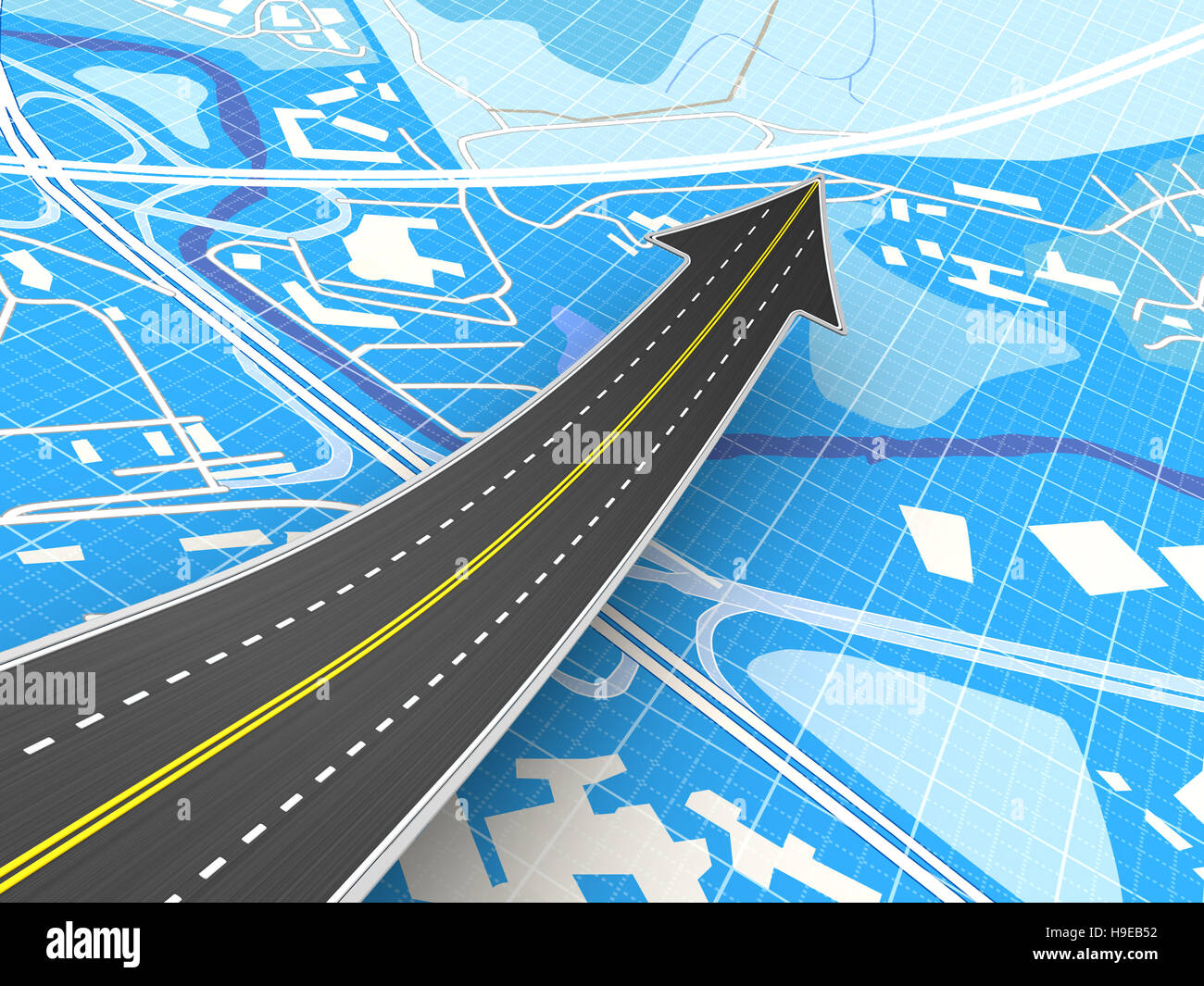 3D Darstellung der Straße mit Pfeil melden Sie über blue-Map-Hintergrund Stockfoto