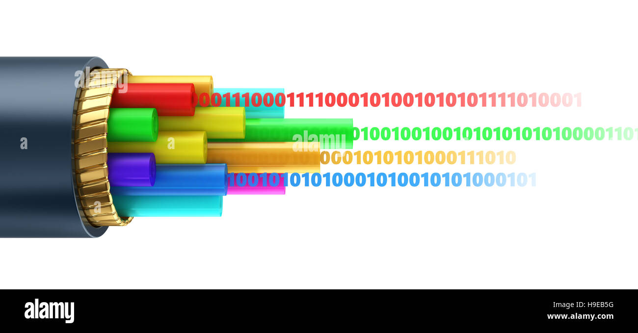 3D Darstellung der Faseroptik Kabel und binäre Daten Informationskonzept Stockfoto