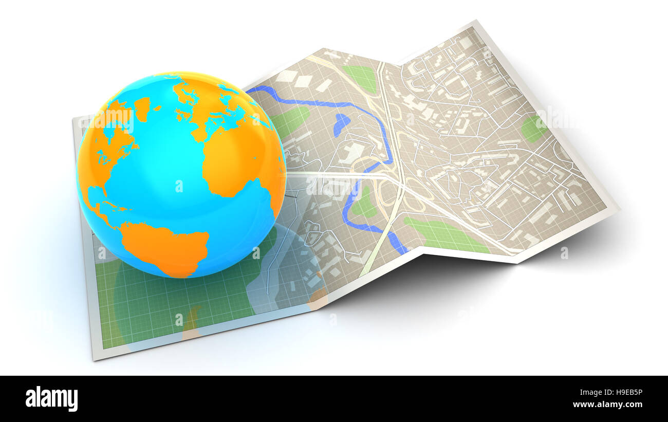 3D Abbildung des gefalteten Karte und Erde Globus - globales Navigationskonzept Stockfoto