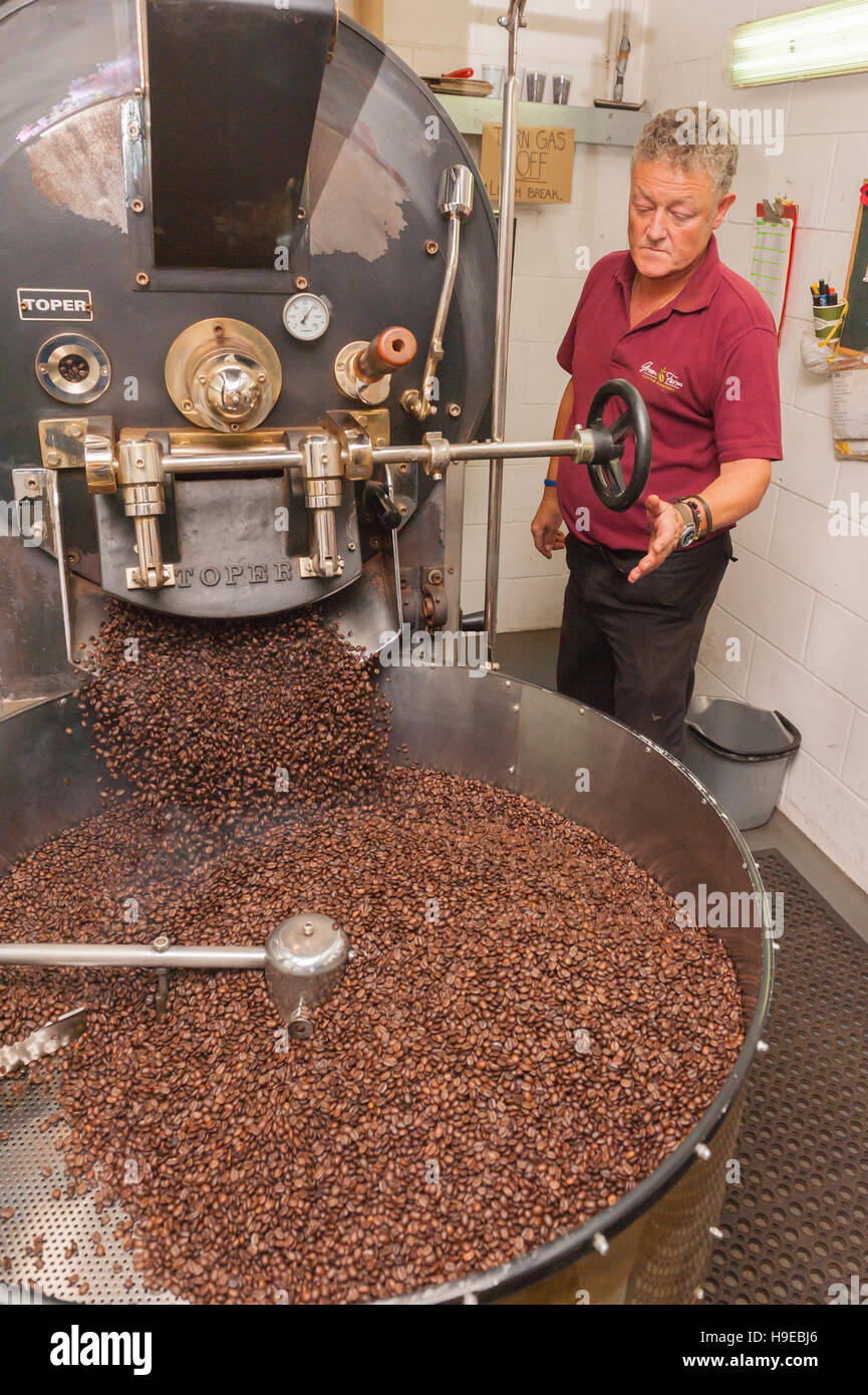 Craig Kelly den Kopf Röster Betrieb die Röstmaschine bei Green Farm Kaffee in Rackheath, Norwich, Norfolk, England, Großbritannien, Uk Stockfoto