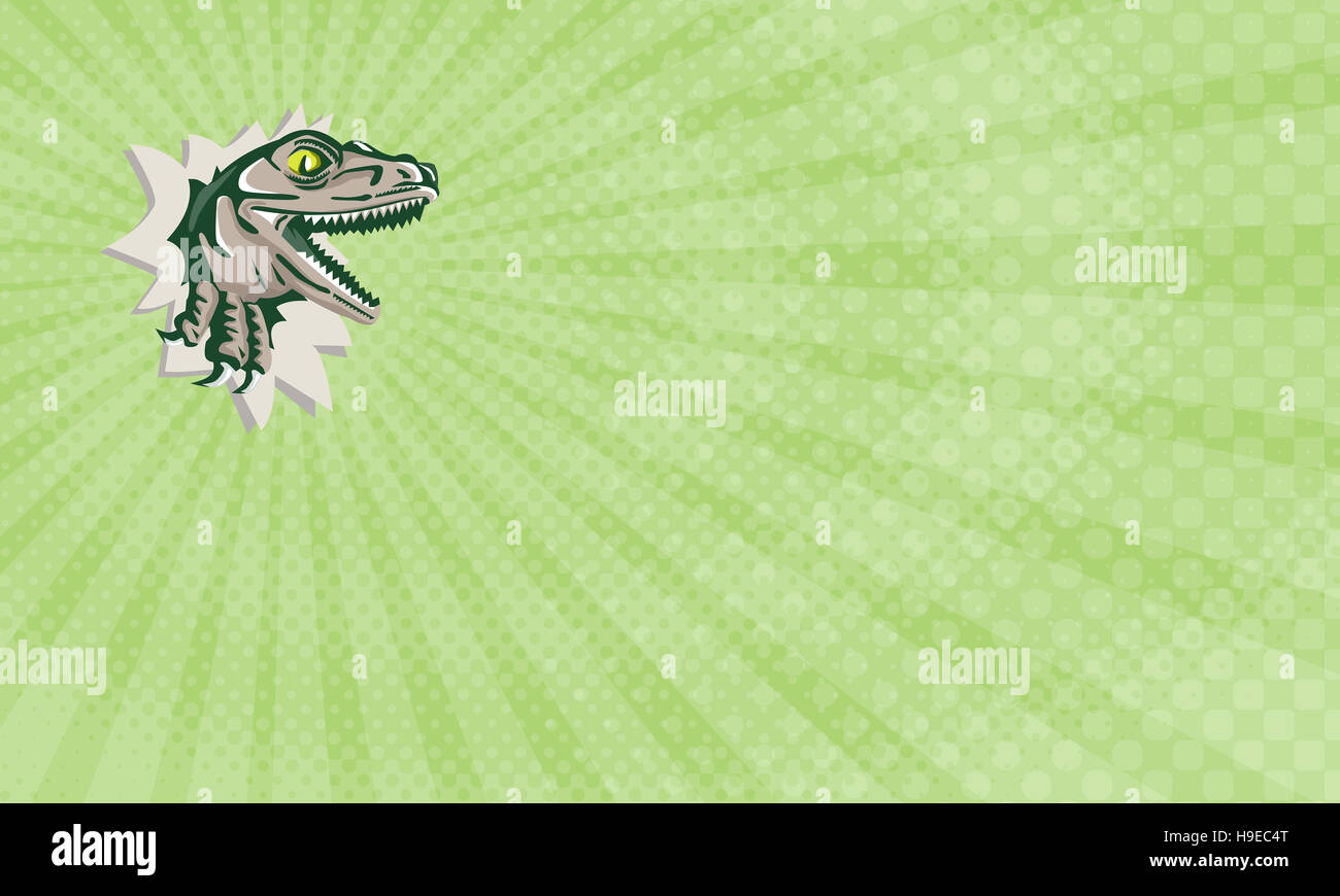 Visitenkarte zeigt Abbildung eines Raptor t-Rex Dinosaurier Echse Reptil Kopf brechen aus Wand der Seitenansicht im retro-Stil gemacht. Stockfoto