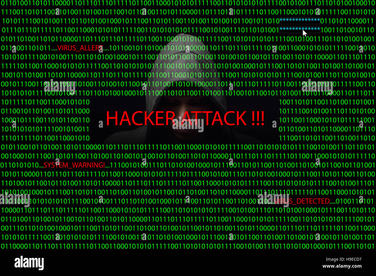 Hacker über einen Bildschirm mit Binärcode und Warnmeldungen Stockfoto