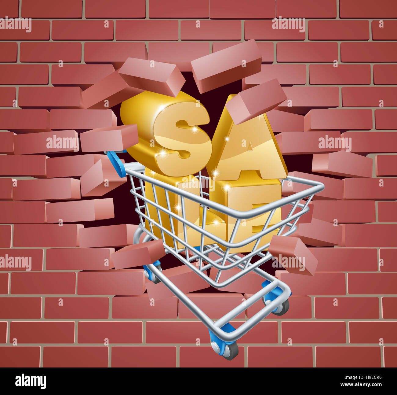 Verkauf Zeichen Konzept eines shopping Cart oder Trolley mit Text lesen Verkauf eine Mauer durchbrechen Stockfoto