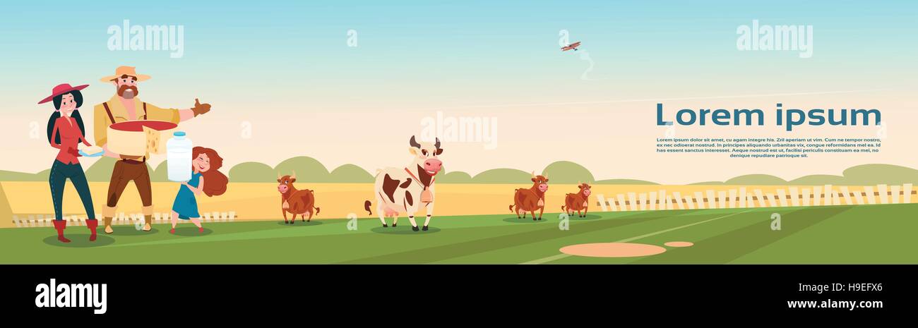 Bauern Familie Kühe frische Milch Milchprodukte Eco Banner Landwirtschaft Stock Vektor
