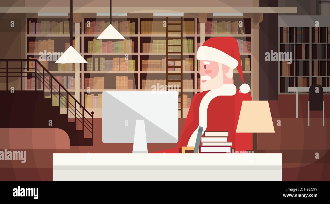 Santa Claus mit Laptop sitzen Schreibtisch Indoor Home Happy New Year Frohe Weihnachten Stock Vektor