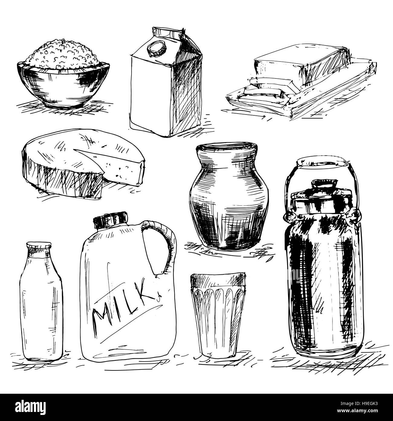 Sammlung von Milch hand gezeichnete Produkt. Abbildung mit Milch, Käse, Butter und andere Produkte. Stockfoto