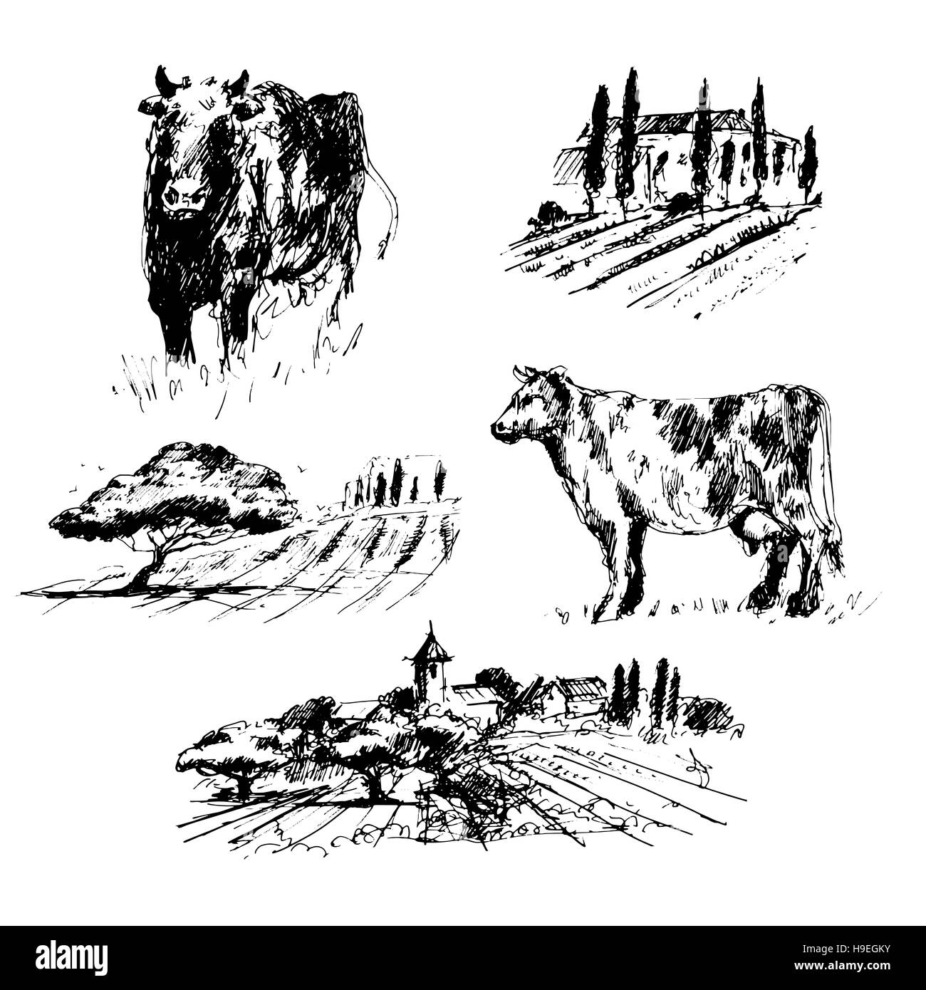 Landschaft-Sammlung. Satz von Hand gezeichneten Landschaften und Kühe Stockfoto