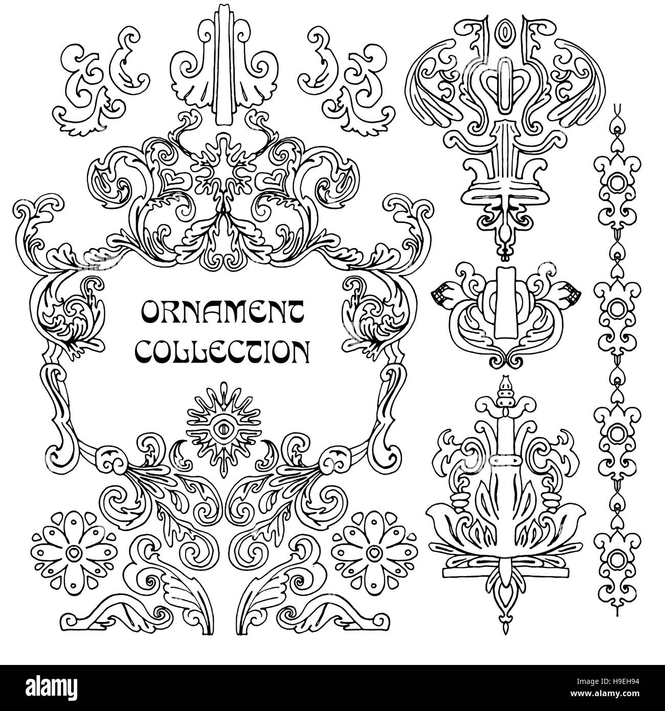 Der Hand gezeichnete Design-Elemente und Seite Dekoration, Vintage classic Rahmensammlung mit Blüten und Blättern Stockfoto