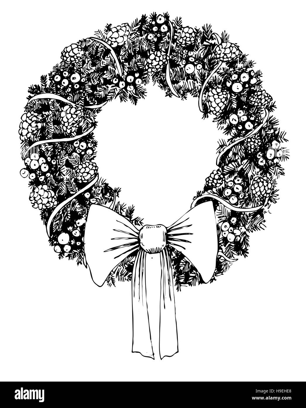 Handgezeichnete Weihnachtskranz mit Zapfen und Nadeln Stockfoto