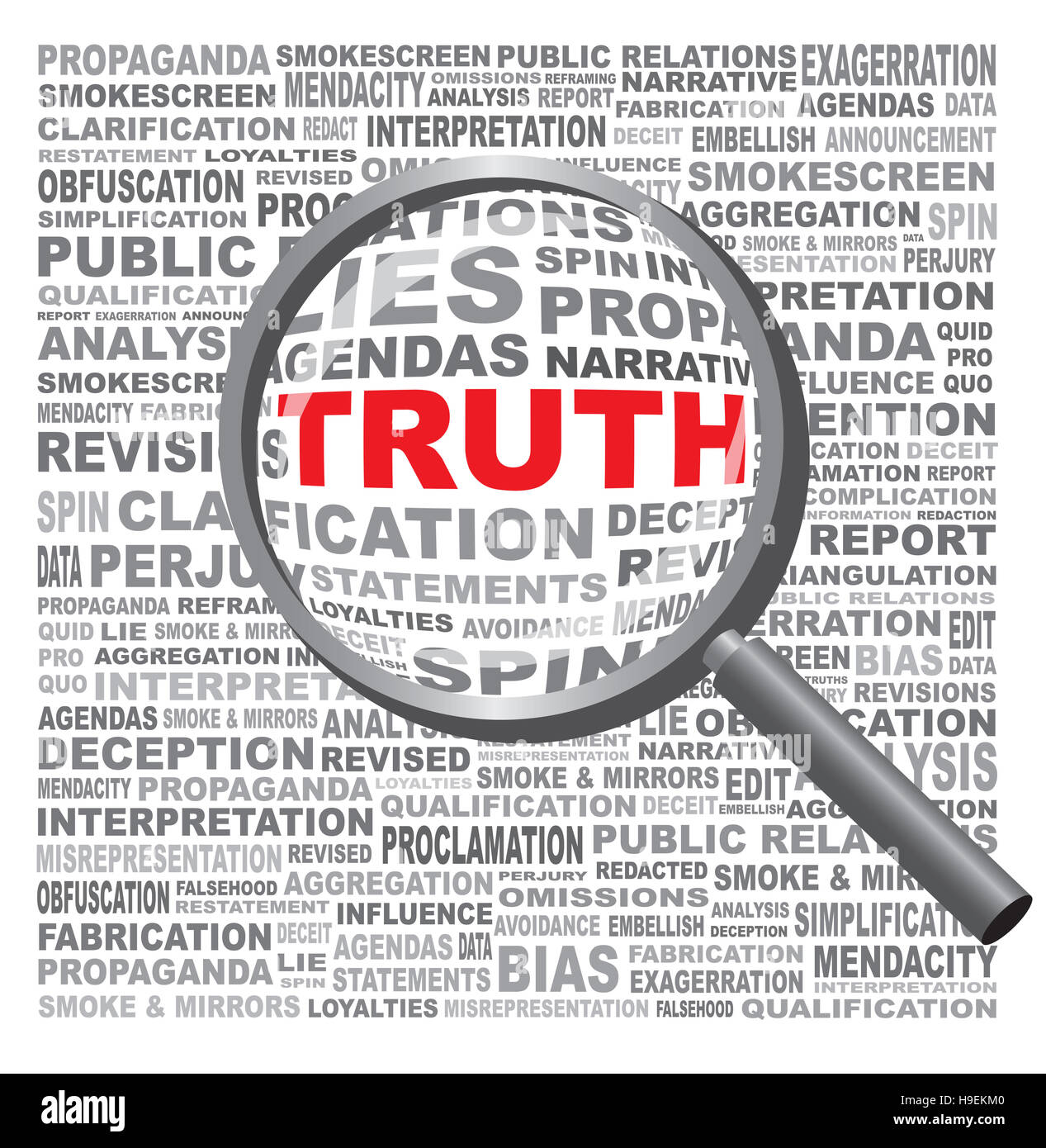 Das Wort Wahrheit verborgen in einem Feld von Anti-ehrlichen Text vor einem weißen Hintergrund. Mit einer Lupe enthüllt Stockfoto