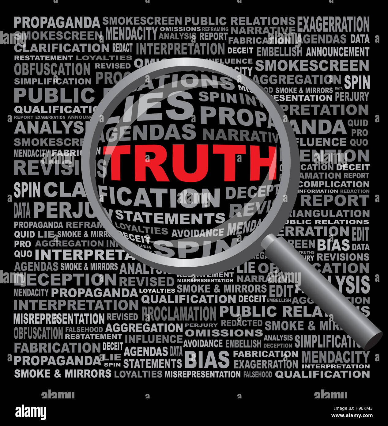 Das Wort Wahrheit verborgen in einem Feld von Anti-ehrlichen Text Lupe vor schwarzem Hintergrund Stockfoto