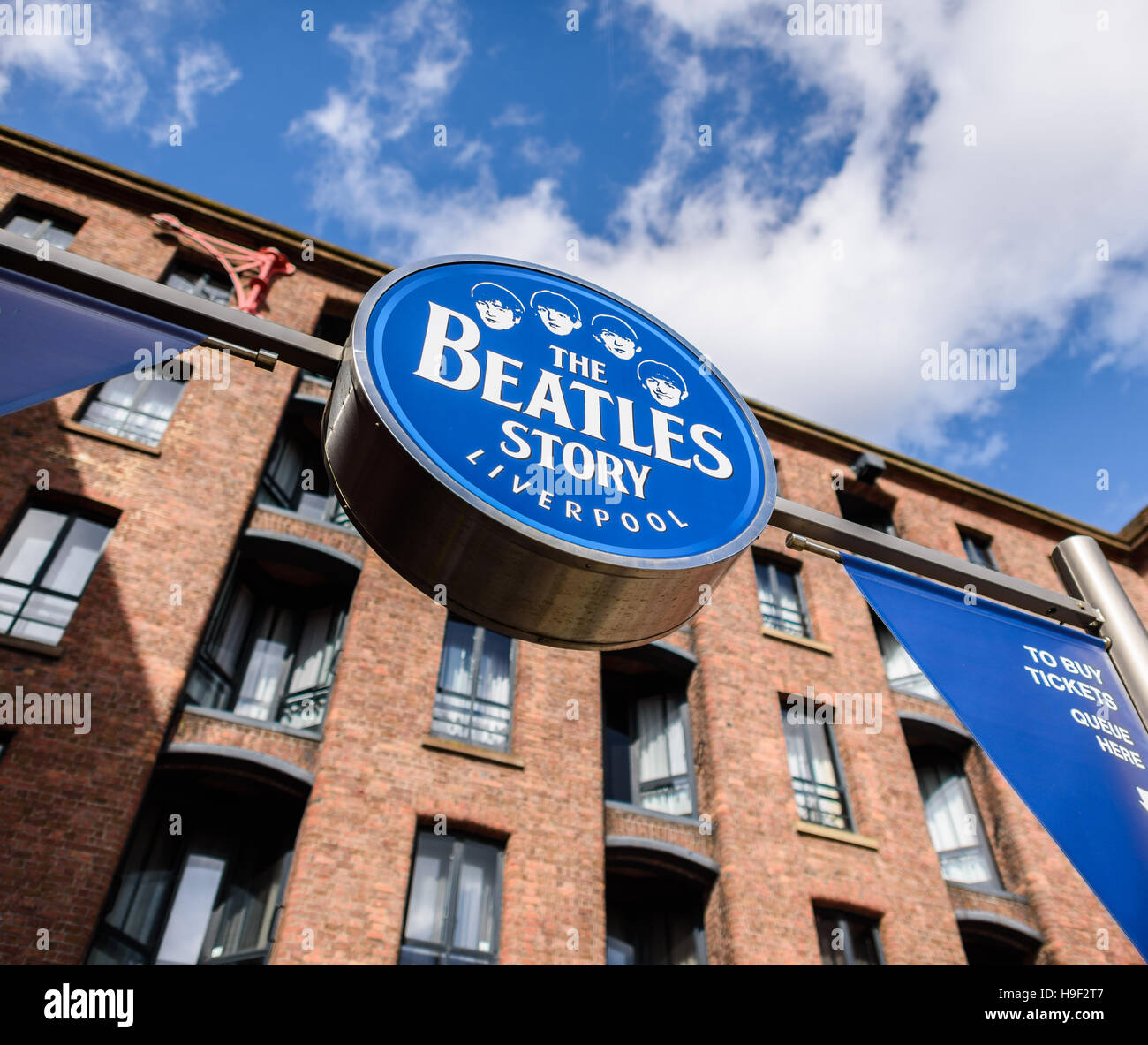 Das Zeichen für "The Beatles Story" Ausstellung am Albert Dock in Liverpool. * REDAKTION NUR * Stockfoto