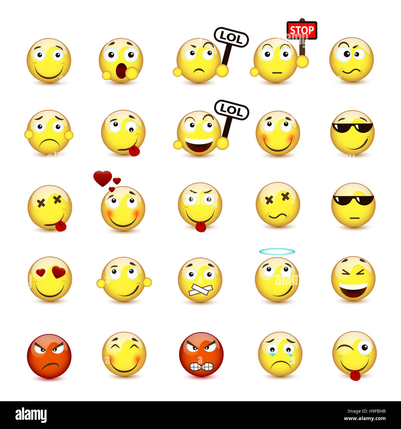 gelber Smiley-Gesicht mit einer anderen Stimmung einstellen Stockfoto
