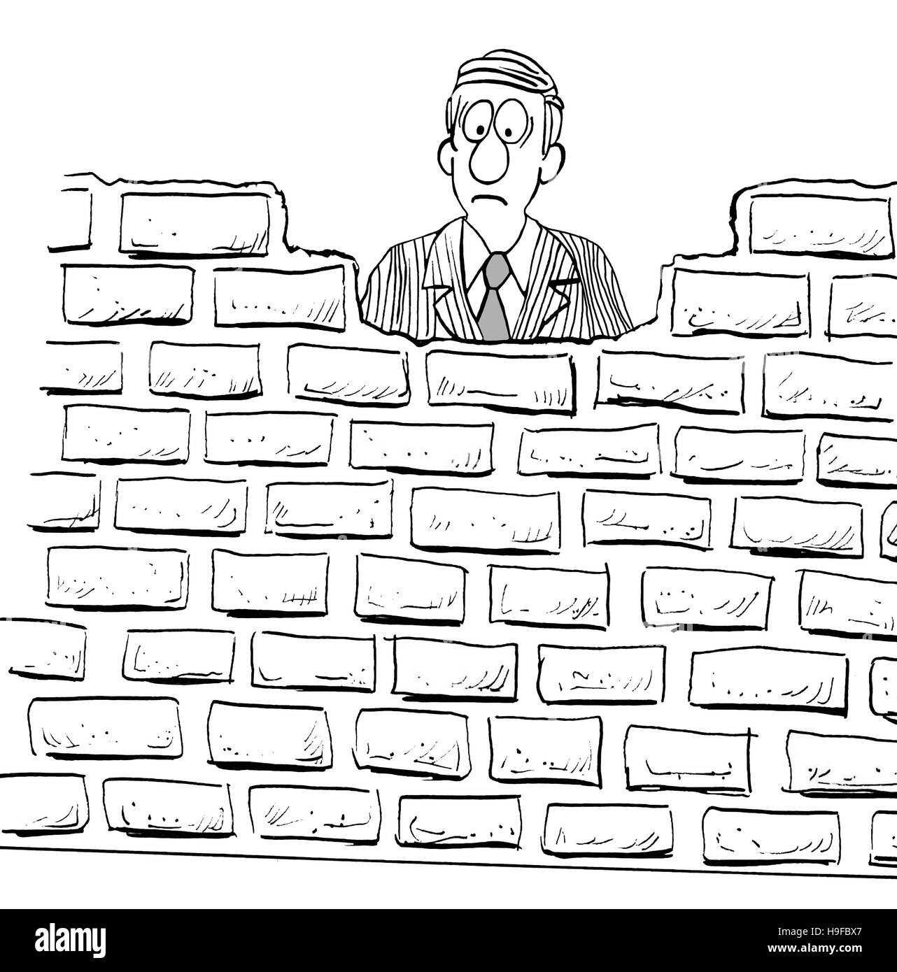 Schwarz / weiß Darstellung eines entmutigt Mannes durch eine große Mauer blockiert. Stockfoto