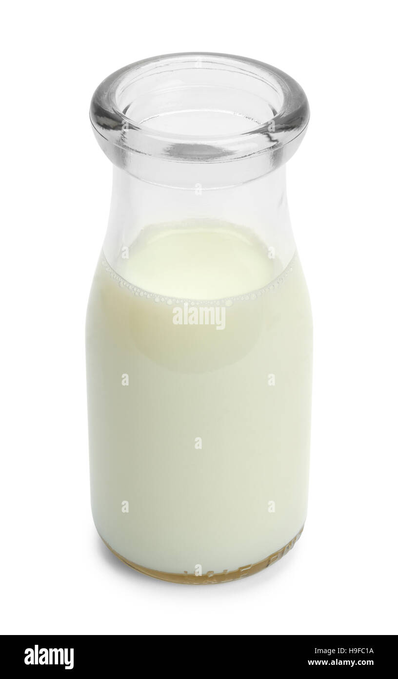 0,33 Glas Milchflasche auf weißem Hintergrund. Stockfoto