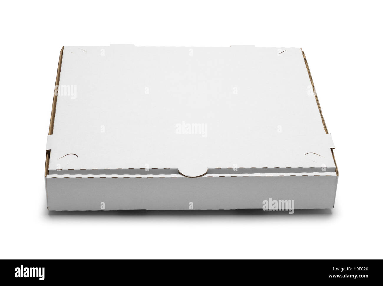 Geschlossen pizza box auf whote Hintergrund isoliert. Stockfoto