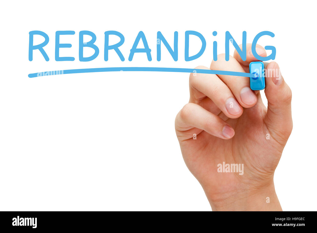 Handschrift Rebranding mit blaue Markierung auf transparente wischen. Stockfoto