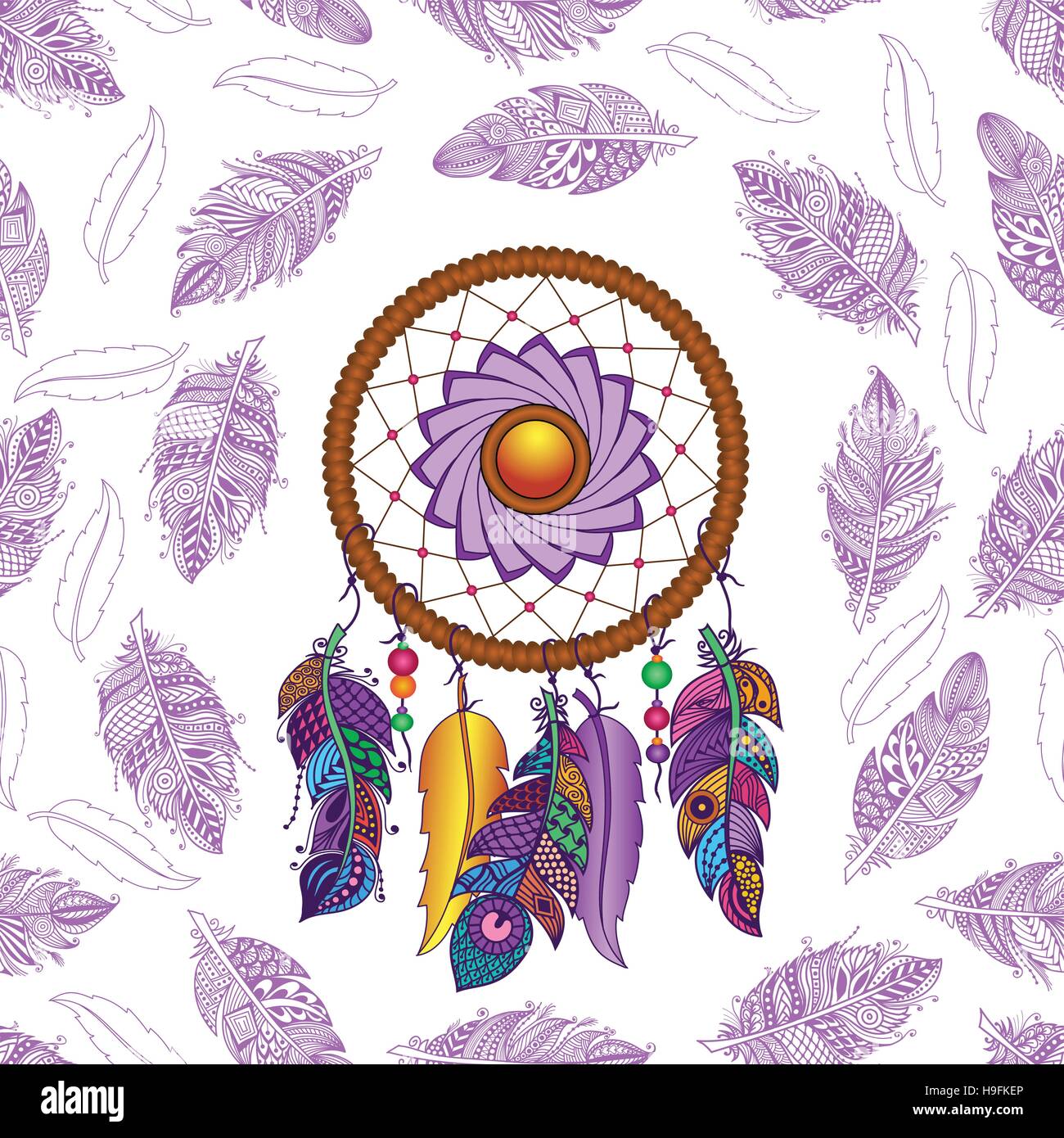 Handgezeichnete Native American Indian Talisman farbige Dreamcatcher mit Federn und Mond. Vektor Hipster Musterdesign. Isoliert auf weißem Hintergrund. Stock Vektor