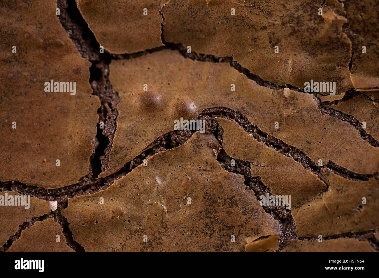 Hautnah auf der gerissenen oben auf einen frisch gebackenen Brownie direkt aus dem Ofen Stockfoto