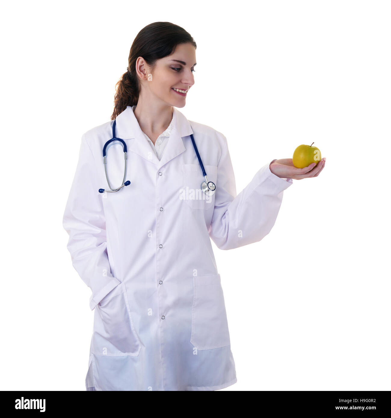 Ärztin Assistentin Wissenschaftler im weißen Kittel über isolierte Hintergrund Stockfoto