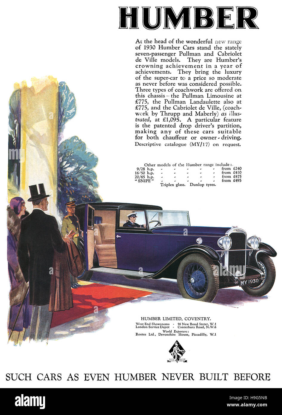 1930 britischer Werbung für Kraftfahrzeuge Humber Stockfoto