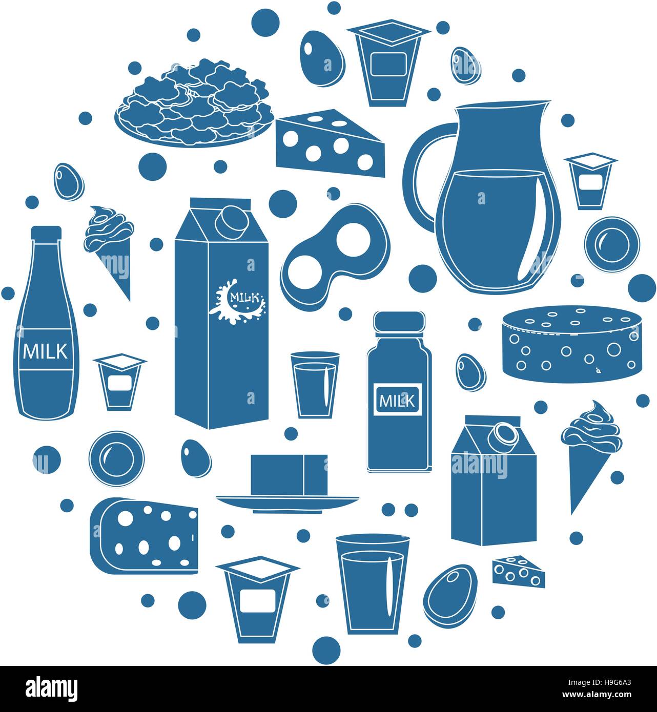 Milchprodukten Symbolsatz in Rundform. Flachen Stil. Molkerei Produkte, die isoliert auf weißem Hintergrund. Milch und Käse Sammlung. Bauernhof Lebensmittel. Vektor, Abbildung Stock Vektor