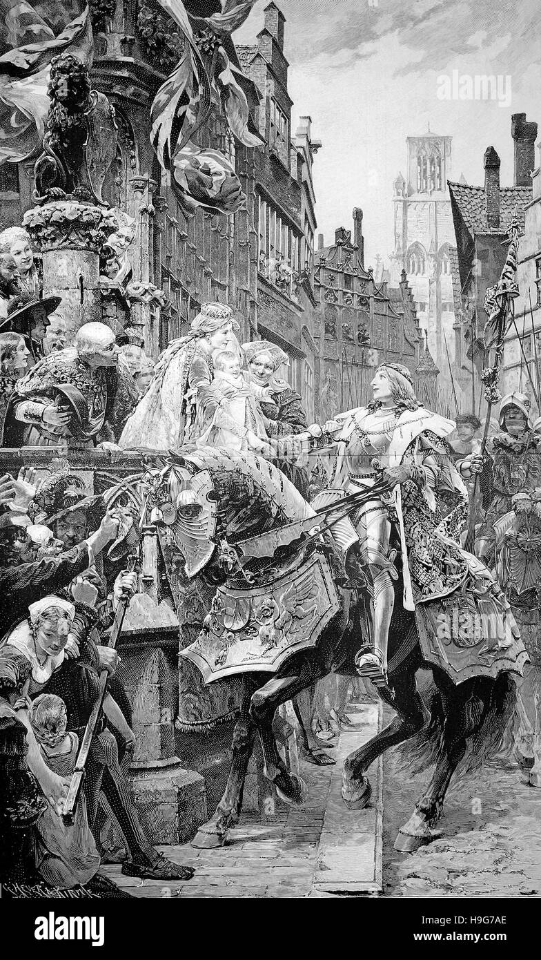 Maximilian I., war 22 März 1459-12 Januar 1519, König der Römer, auch bekannt als König der deutschen, von 1486 und römisch-deutscher Kaiser von 1493, hier kehrt er zurück nach Gent Stockfoto