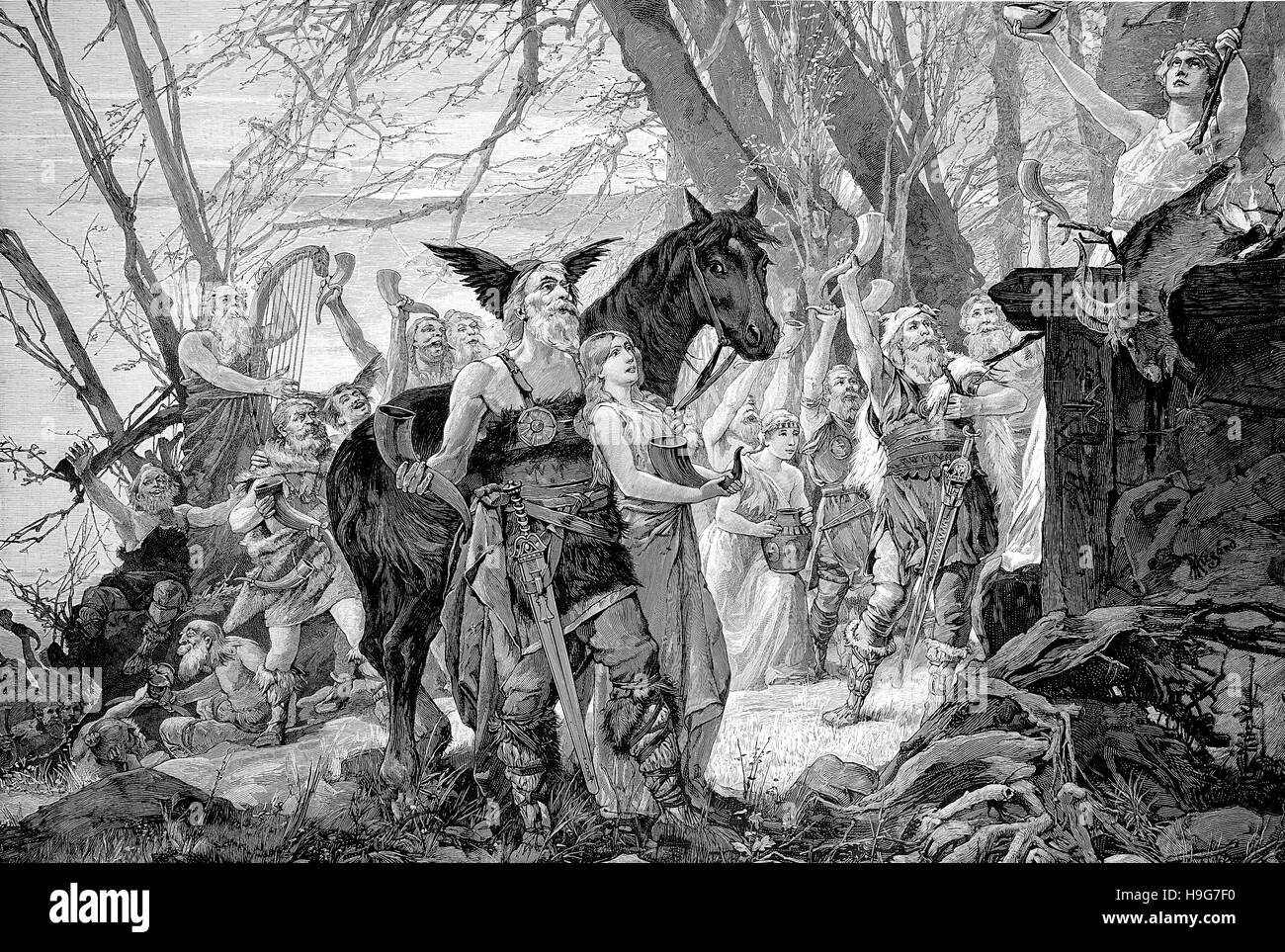 Minnetrunk, die alte deutsche Sitte, als das Rituale fest zu Ende war, um das Trinkgefäß zu leeren, gefüllt mit Met, mehrere Male zu Ehren der Götter, Helden, oder ein toter Mann Stockfoto