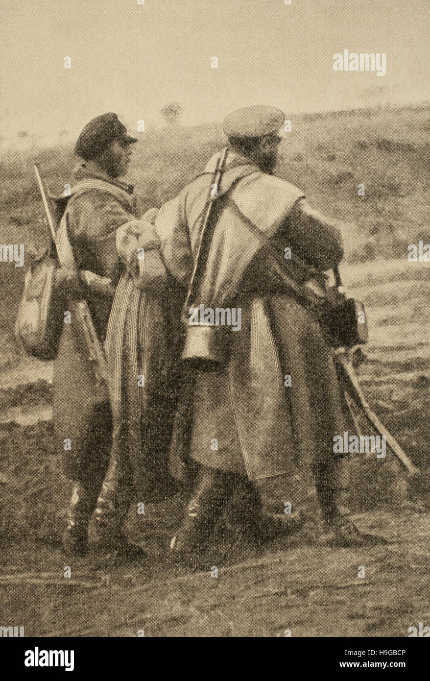 Russo-japanischer Krieg (1904-1905). Gefecht bei erhielt am 10. Dezember 1904. Russische Soldaten, die einen verwundeten Kameraden. Die künstlerische Illustration. Stockfoto