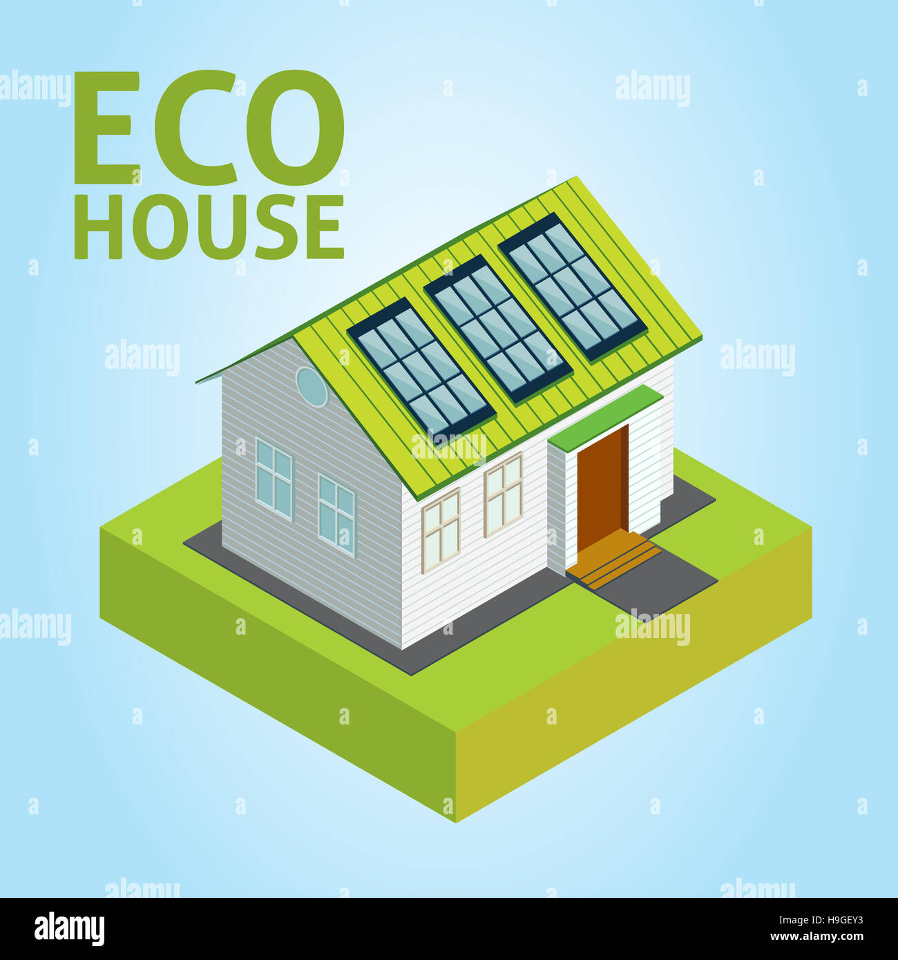 Green House Vektor Konzept - isometrische Zusammensetzung des kleinen Hauses mit ökologischen Ausrüstung - Solarzellen Stockfoto