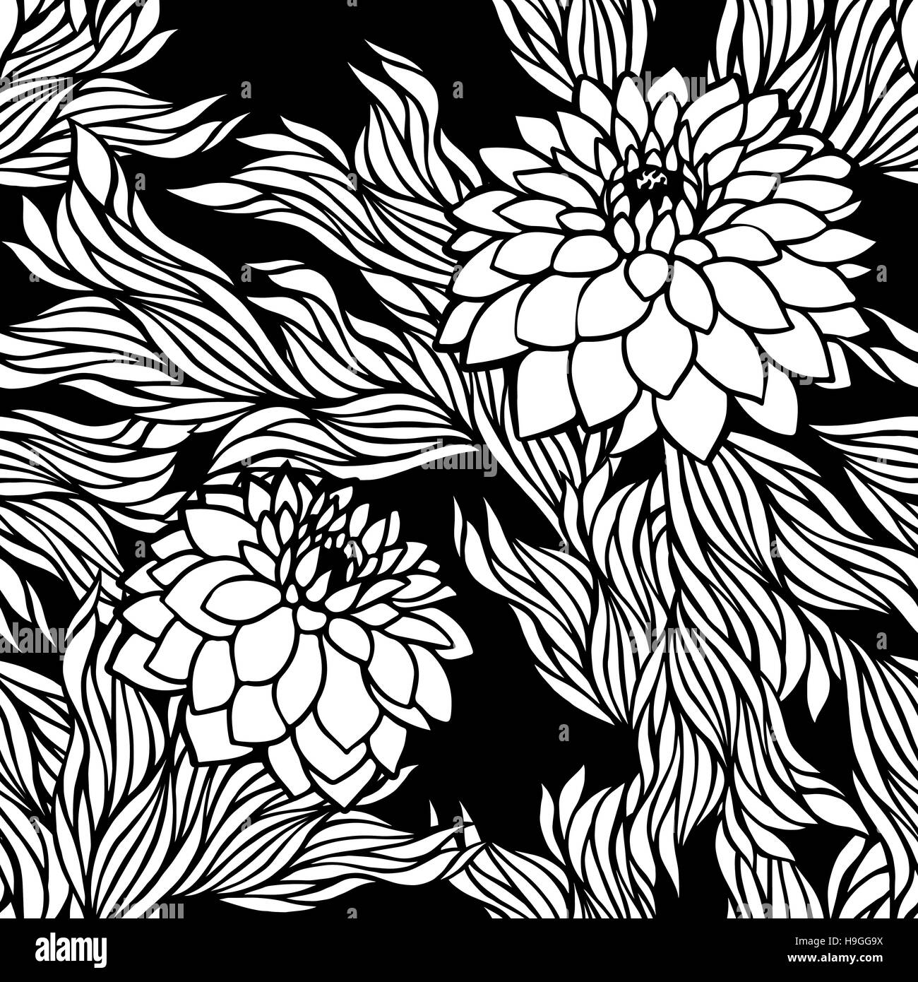 Vektor Nahtlose Blumenmuster Schwarz Weiss Im Retro Vintage Stil Aster Monochrom Pfingstrose Chrysantheme Dahlie Fur Tapete Postkarte Print T Stock Vektorgrafik Alamy