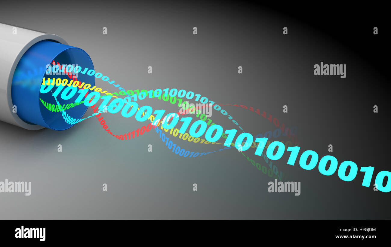 3D Abbildung des optischen Kabels mit binären Daten innerhalb Stockfoto