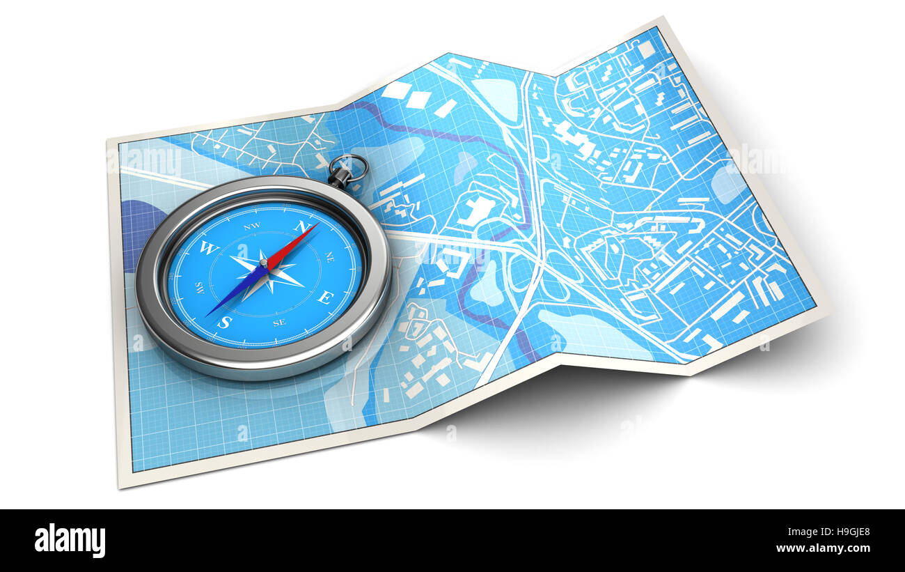3D Darstellung der Karte und Kompass - Navigationskonzept oder das Symbol Stockfoto