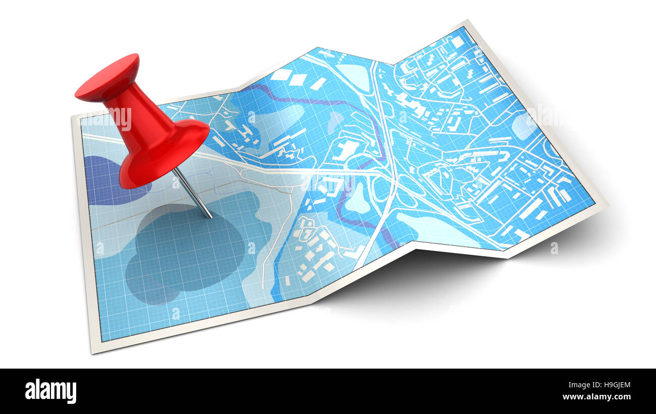 3D Abbildung des gefalteten Stadt Karte und roten Stift auf weißem Hintergrund Stockfoto