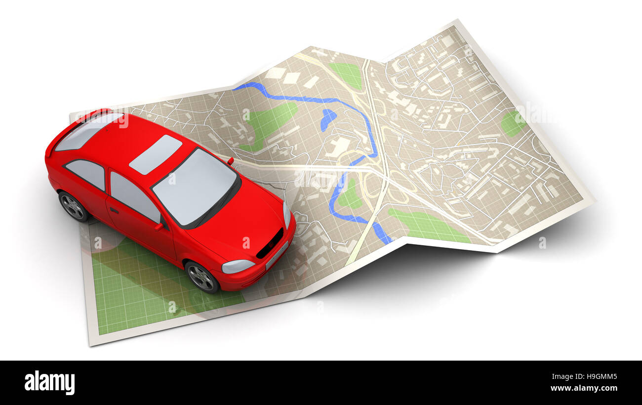 3D Abbildung des rotes Auto und Karte, Navigationskonzept Stockfoto