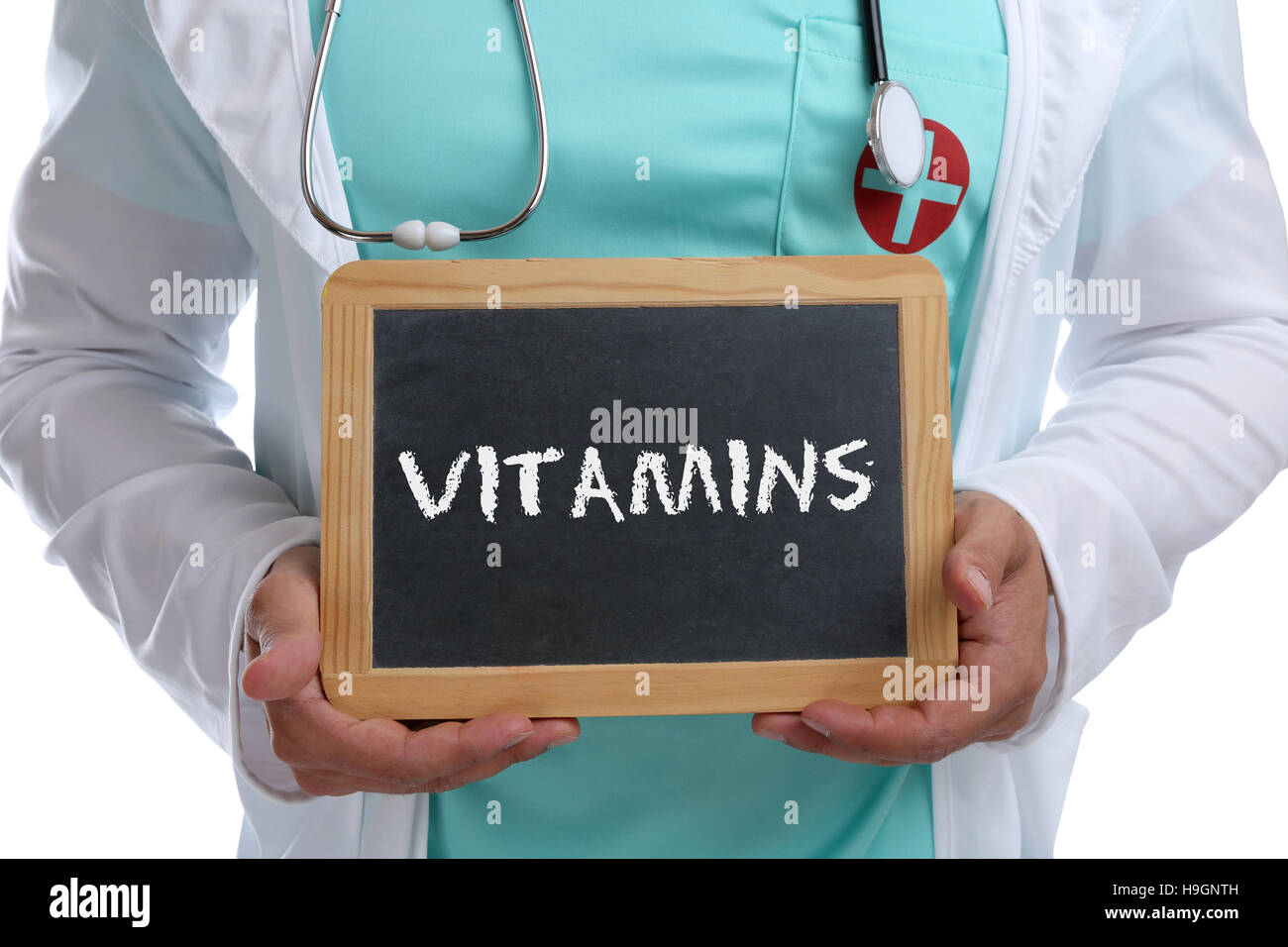 Vitamine-Vitamin gesund essen Lebensstil junger Arzt Gesundheit mit Schild Stockfoto