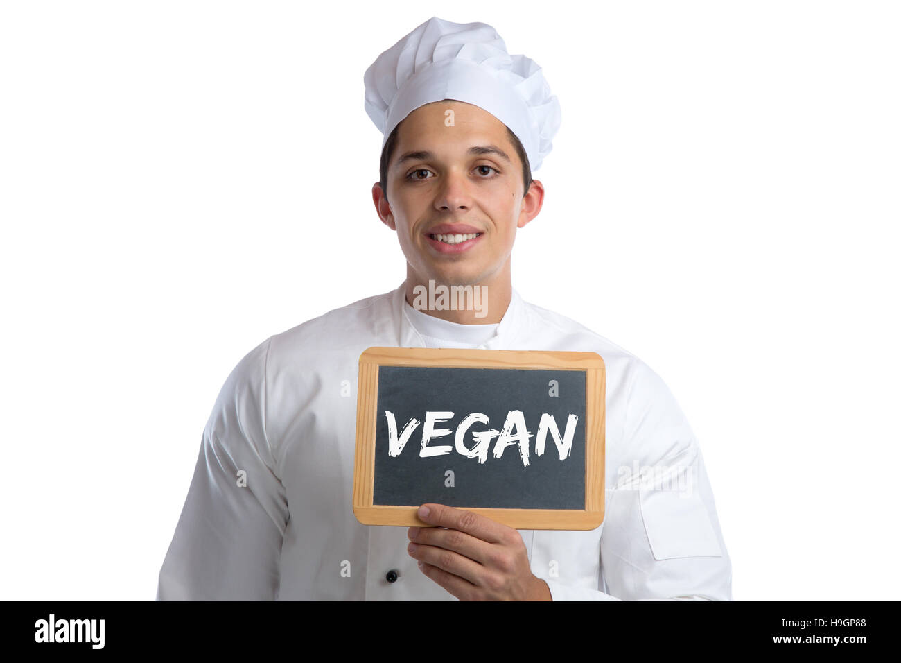 Vegan essen Koch Kochen gesund essen Gemüse an Bord Zeichen isoliert auf weißem Hintergrund Stockfoto