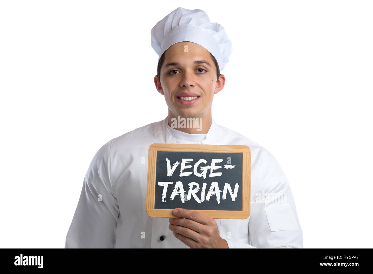 Vegetarisches Essen Koch Kochen gesund essen Gemüse an Bord Zeichen isoliert auf weißem Hintergrund Stockfoto