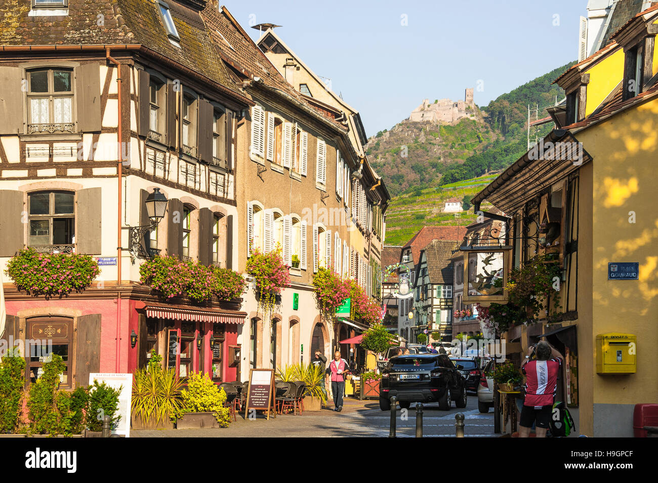 Ribeauvillé, in der Nähe von Colmar, landschaftlich schöne Strecke der Rebe Elsass, Oberrhein, malerisches Dorf, Elsass, Frankreich Stockfoto