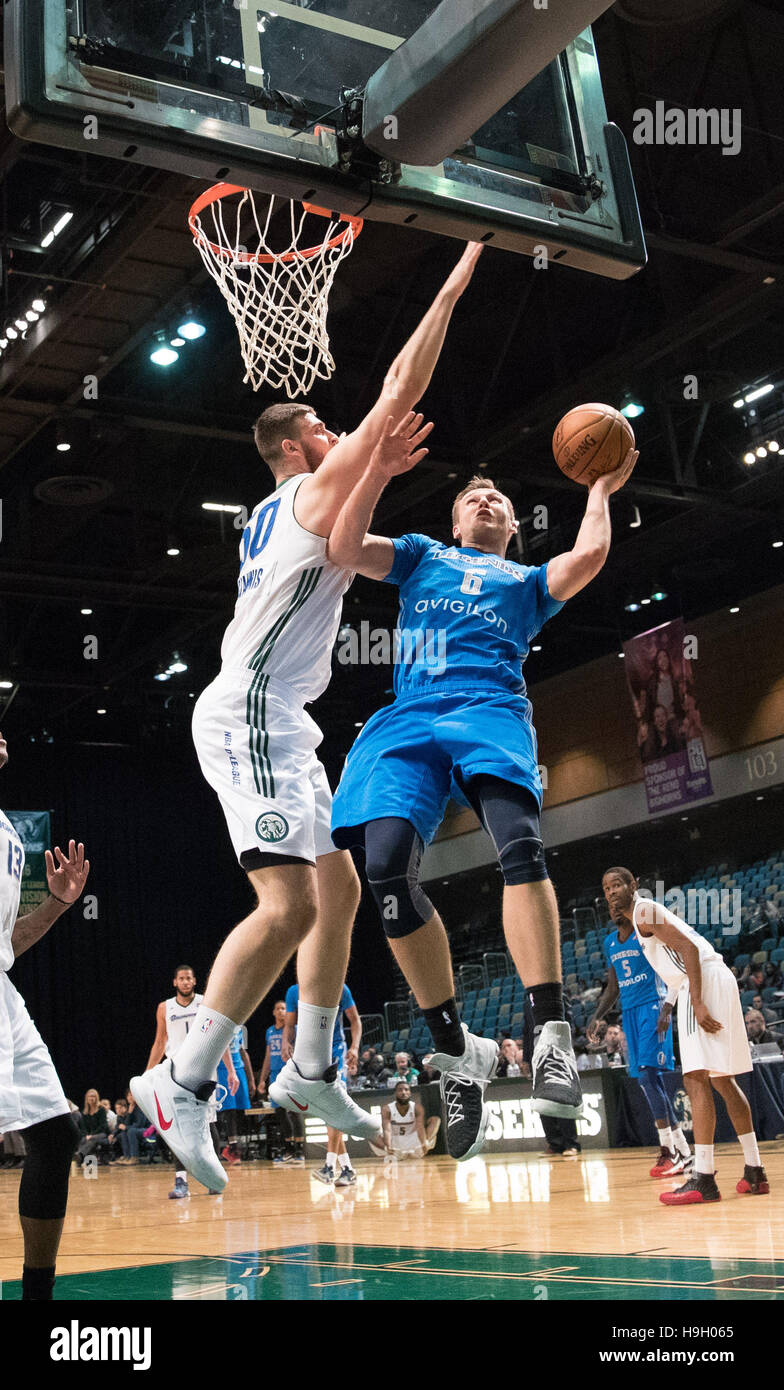 Reno, Nevada, USA. 22. November 2016. Reno Bighorn Center GEORGE PAPAGIANNIS (50) Foulspiel von Texas Legends Guard KYLE COLLINSWORTH (6) während der NBA D-League Basketball-Spiel zwischen den Reno Dickhornschafe und die Texas Legends Reno Events Center in Reno, Nevada. Bildnachweis: Jeff Mulvihill/ZUMA Draht/Alamy Live-Nachrichten Stockfoto