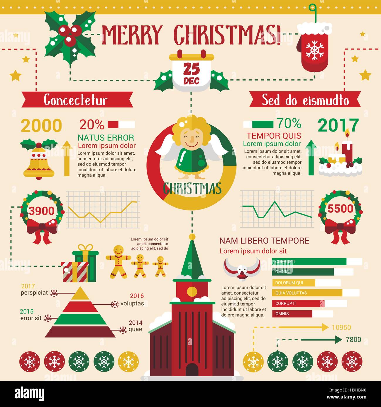 Frohe Weihnachten-Plakat, Broschüre Cover Vorlage Layout mit flachen Design-Ikonen des Weihnachten Symbole und andere Infografik-Elemente Stock Vektor