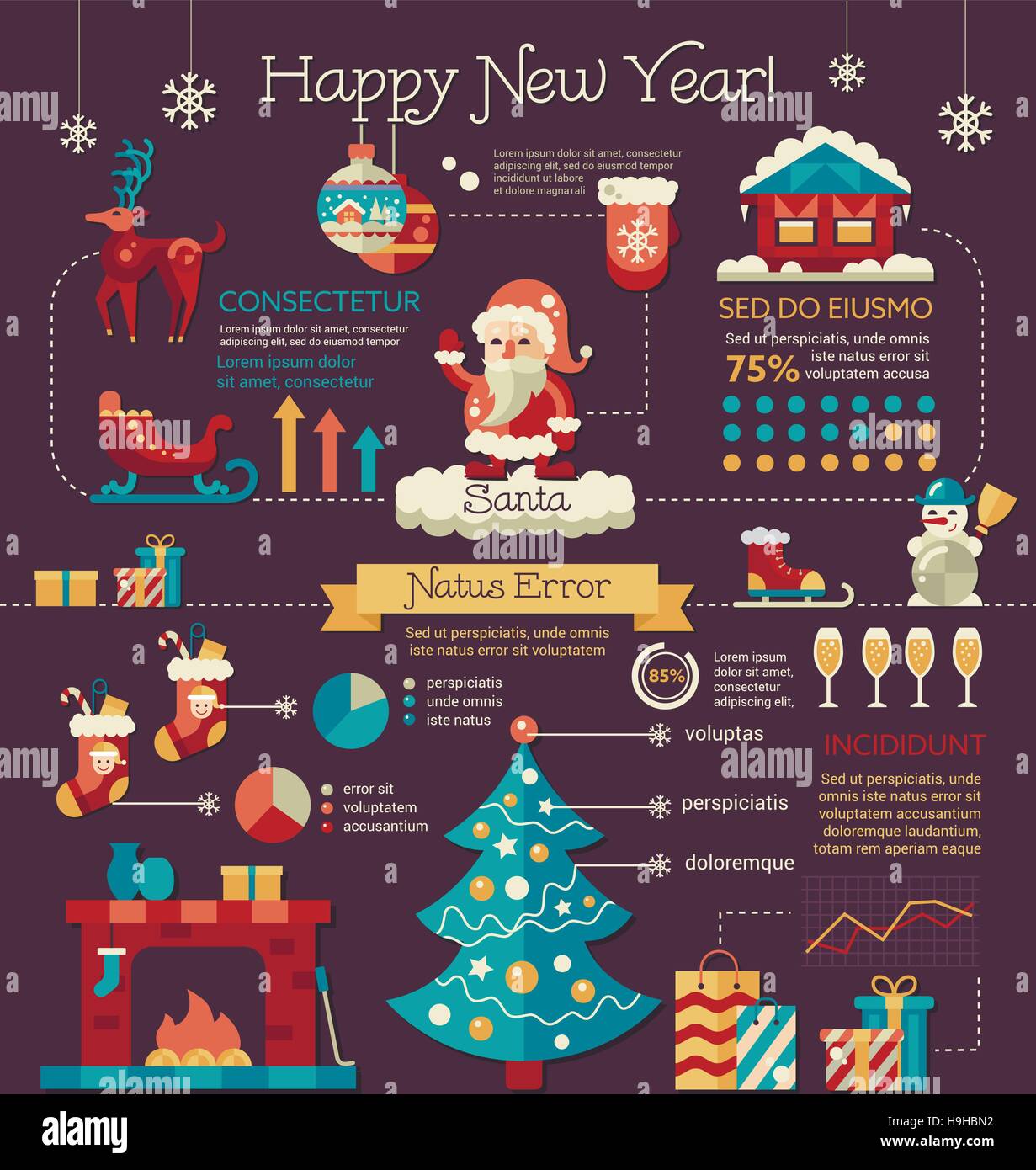 Happy New Year-Plakat, Broschüre Cover Vorlage Layout mit flachen Design-Ikonen des Ferien-Symbole und andere Infografik-Elemente Stock Vektor