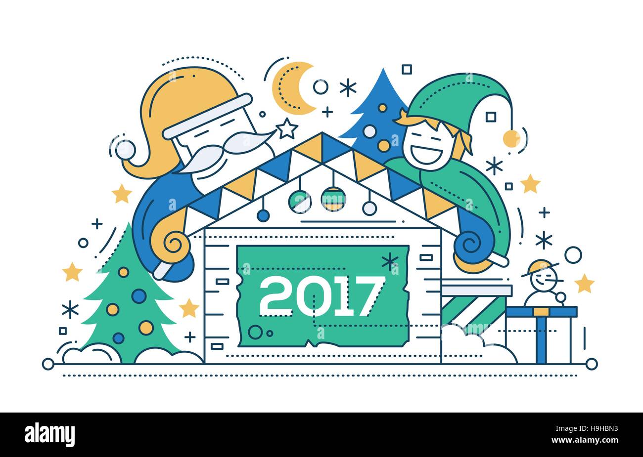 Frohe Weihnachten und Happy New Year 2017 flache Bauweise Linecard mit Urlaub Symbole - Elf, Haus, Santa Claus, Schneemann Stock Vektor