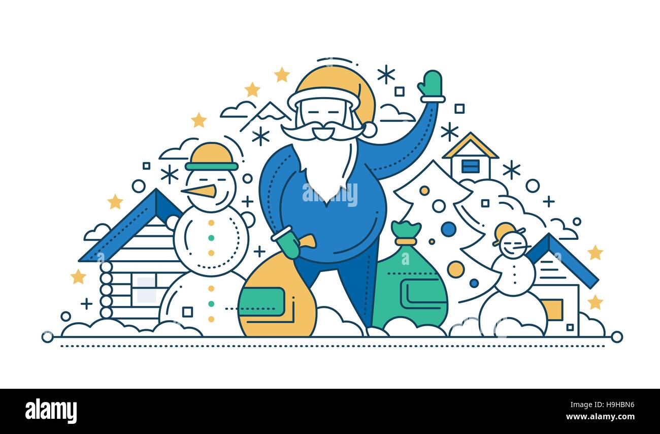 Frohe Weihnachten und Happy New Year flache Bauweise Linecard mit Urlaub Symbole - Weihnachtsbaum, Weihnachtsmann, Schneemann, Haus Stock Vektor